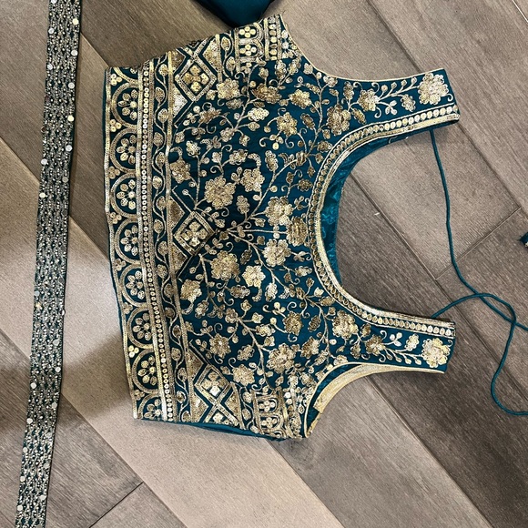 Embroidered Teal and Gold Lehenga Set - Picture 3 of 3